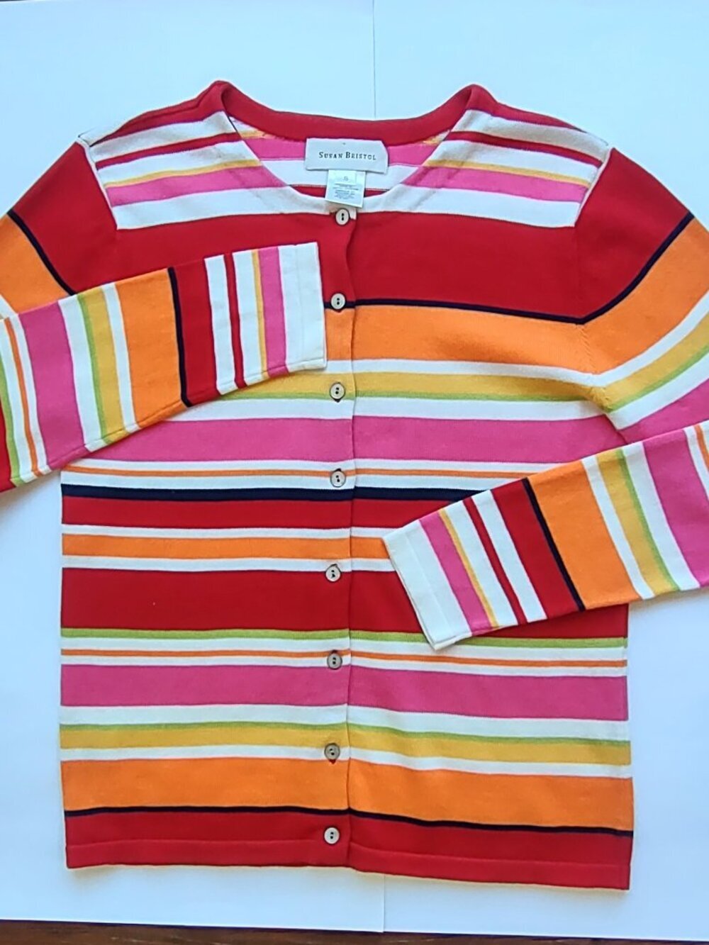Susan Bristol Vintage Rainbow Striped Cardigan Small Coastal Colorful Retro Y2K